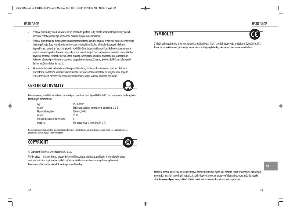 Symbol ce, Certifikát kvality, Copyright | Dyras HSTR-360P User Manual | Page 17 / 23