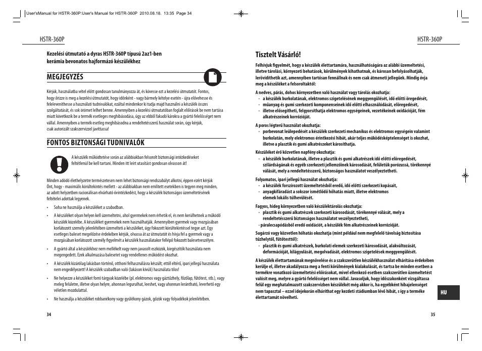 Megjegyzés, Fontos biztonsági tudnivalók, Tisztelt vásárló | Dyras HSTR-360P User Manual | Page 18 / 23