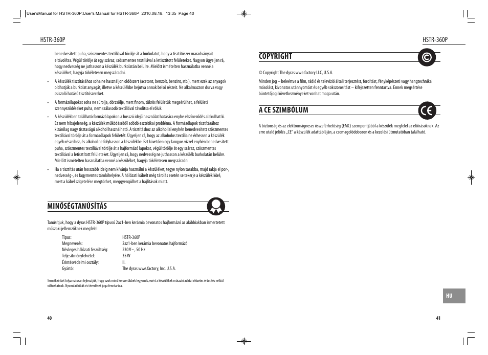 Copyright, A ce szimbólum, Minőségtanúsítás | Dyras HSTR-360P User Manual | Page 21 / 23