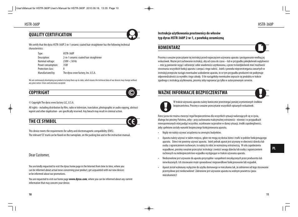 Komentarz, Ważne informacje bezpieczeństwa, Quality certification | Copyright, The ce symbol | Dyras HSTR-360P User Manual | Page 6 / 23