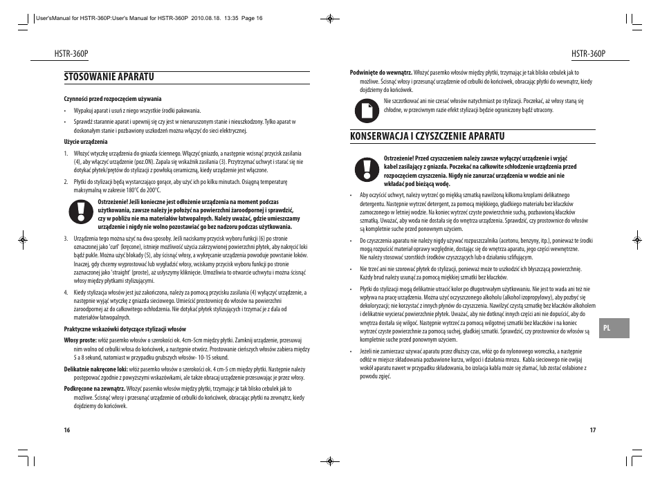 Konserwacja i czyszczenie aparatu, Stosowanie aparatu, Hstr-360p | Dyras HSTR-360P User Manual | Page 9 / 23