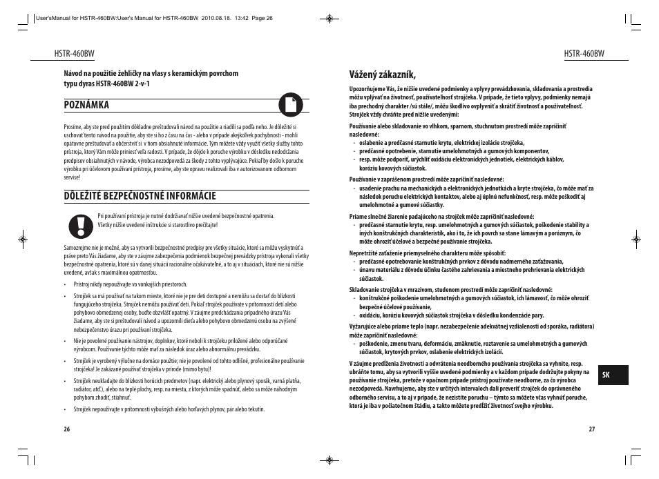 Vážený zákazník, Poznámka, Dôležité bezpečnostné informácie | Dyras HSTR-460BW User Manual | Page 14 / 23