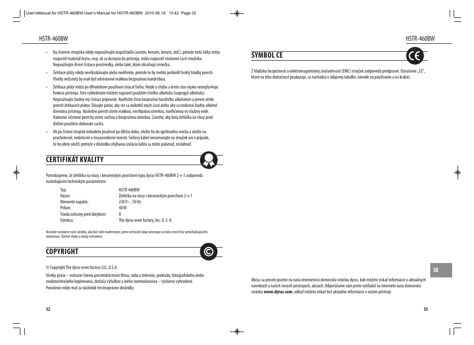 Symbol ce, Certifikát kvality, Copyright | Dyras HSTR-460BW User Manual | Page 17 / 23