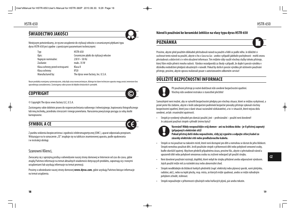 Świadectwo jakości, Copyright, Symbol a ce | Poznámka, Důležité bezpečnostní informace | Dyras HSTR-650 User Manual | Page 10 / 23