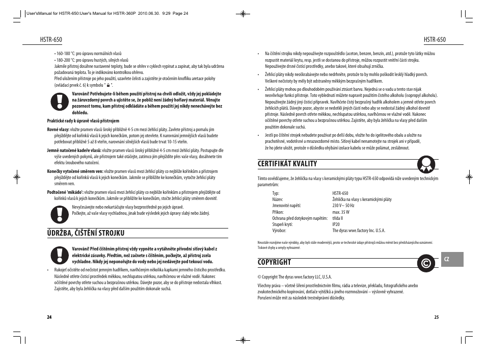 Certifikát kvality, Copyright, Údržba, čištění strojku | Hstr-650 | Dyras HSTR-650 User Manual | Page 13 / 23