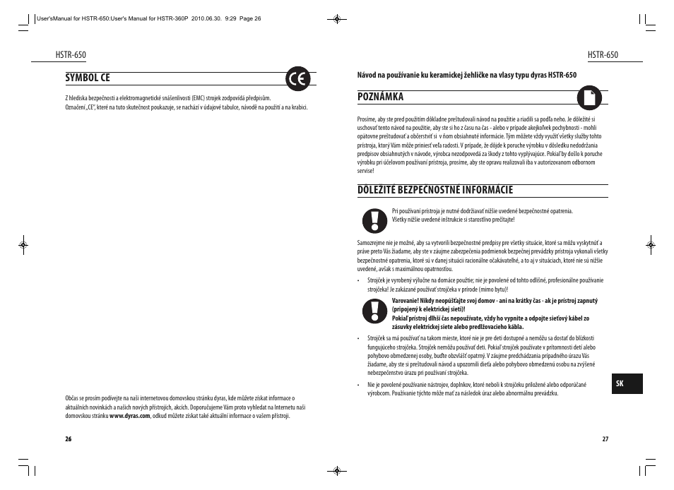 Poznámka, Dôležité bezpečnostné informácie, Symbol ce | Dyras HSTR-650 User Manual | Page 14 / 23