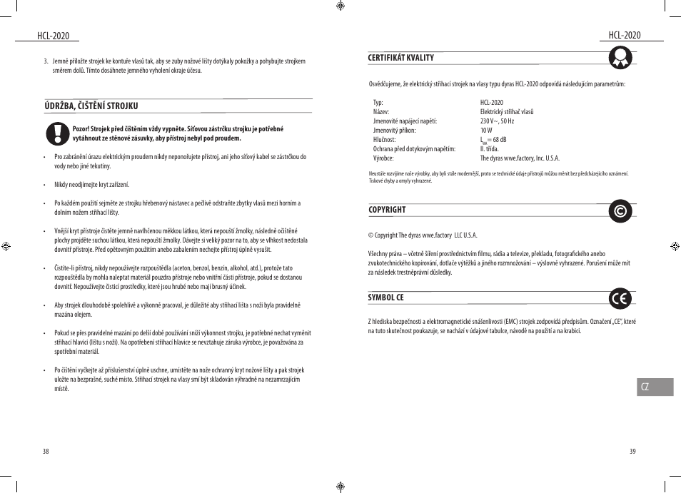 Údržba, čištění strojku | Dyras HCL-2020 User Manual | Page 20 / 33