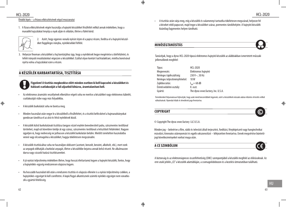 A készülék karbantartása, tisztítása | Dyras HCL-2020 User Manual | Page 32 / 33