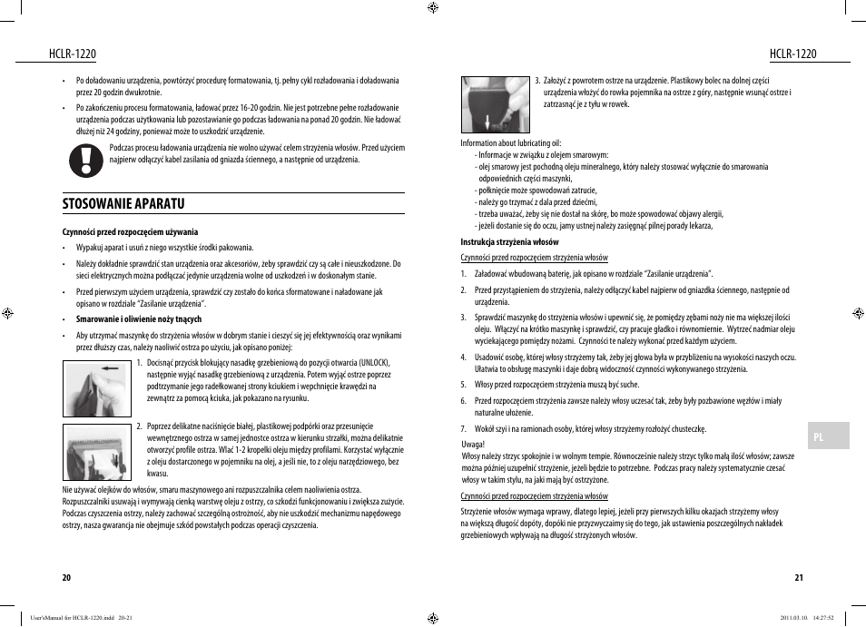 Stosowanie aparatu, Hclr-1220 | Dyras HCLR-1220 User Manual | Page 11 / 31