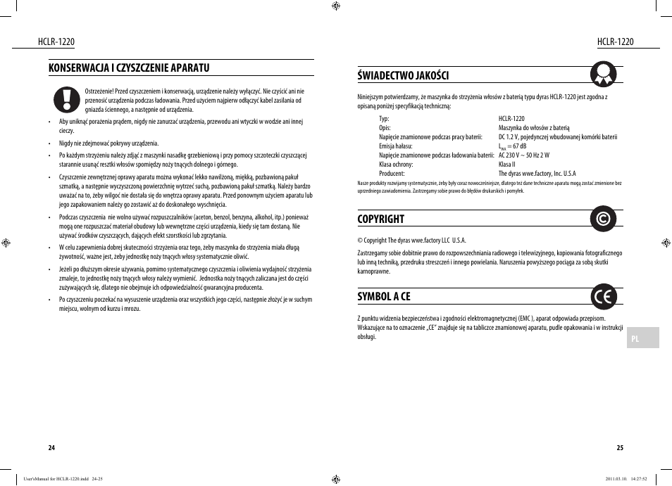 Świadectwo jakości, Copyright, Symbol a ce | Konserwacja i czyszczenie aparatu, Hclr-1220 | Dyras HCLR-1220 User Manual | Page 13 / 31