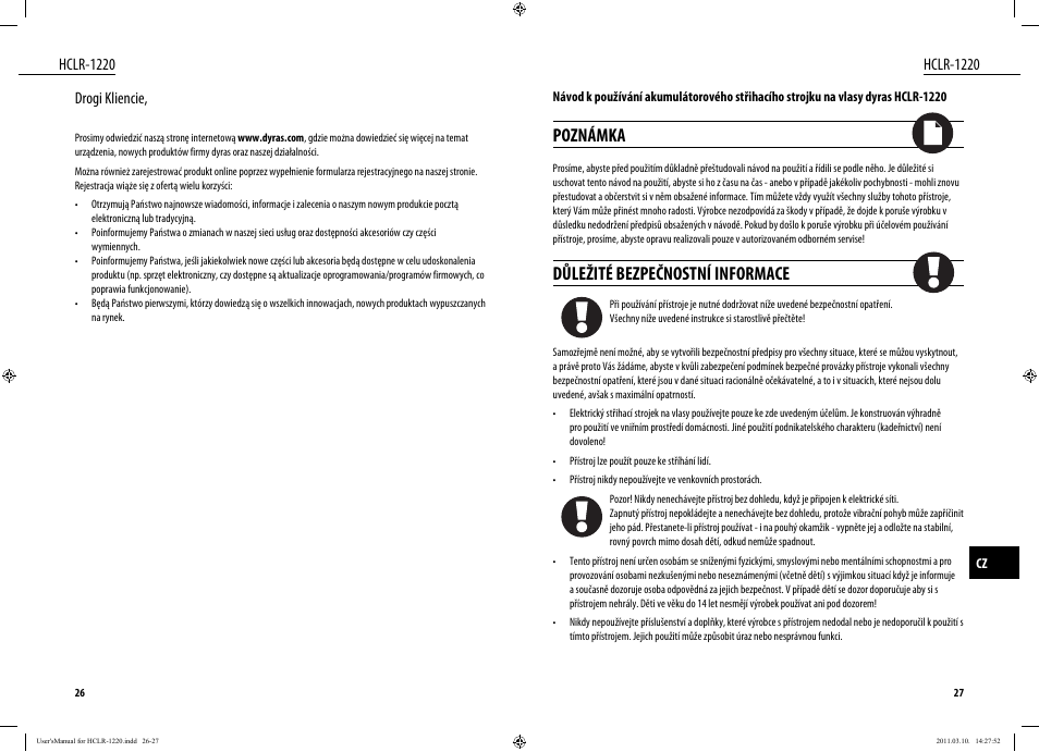Poznámka, Důležité bezpečnostní informace, Hclr-1220 | Hclr-1220 drogi kliencie | Dyras HCLR-1220 User Manual | Page 14 / 31