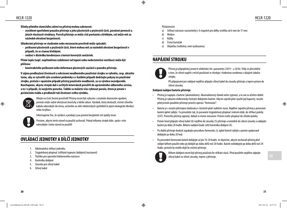 Napájení strojku, Ovládací jednotky a dílčí jednotky, Hclr-1220 | Dyras HCLR-1220 User Manual | Page 16 / 31