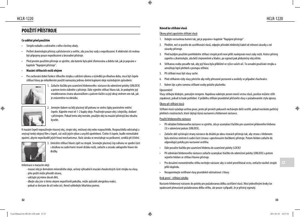 Použití přístroje, Hclr-1220 | Dyras HCLR-1220 User Manual | Page 17 / 31