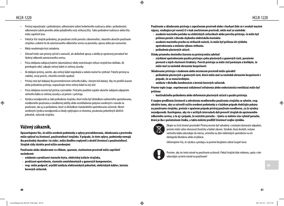 Vážený zákazník, Hclr-1220 | Dyras HCLR-1220 User Manual | Page 21 / 31