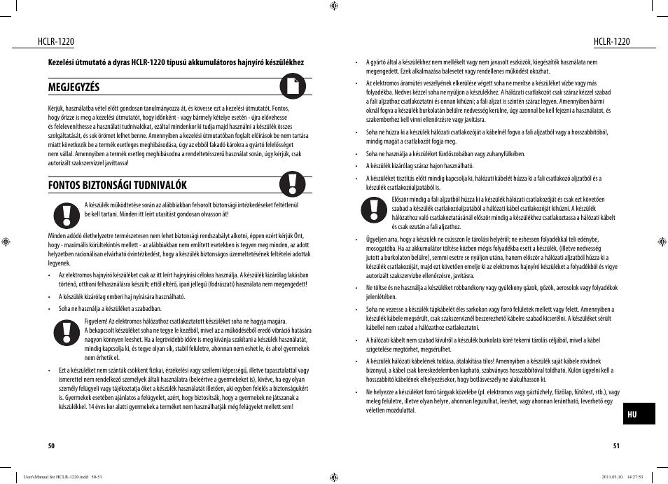 Megjegyzés, Fontos biztonsági tudnivalók, Hclr-1220 | Dyras HCLR-1220 User Manual | Page 26 / 31