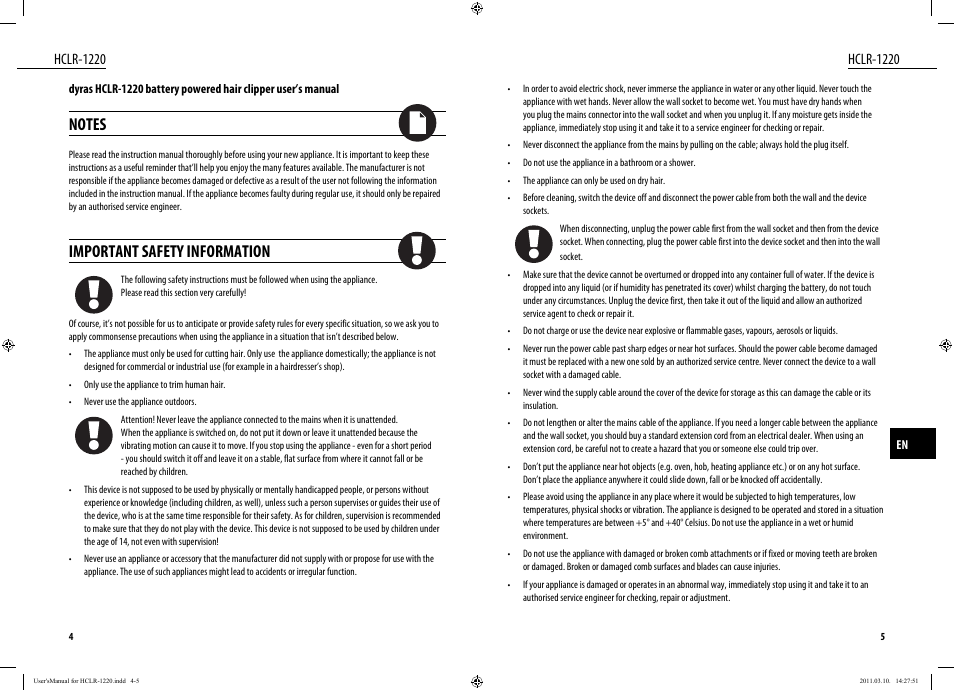 Important safety information, Hclr-1220 | Dyras HCLR-1220 User Manual | Page 3 / 31
