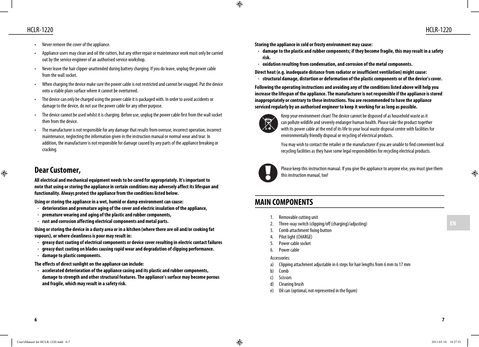 Main components, Dear customer, Hclr-1220 | Dyras HCLR-1220 User Manual | Page 4 / 31