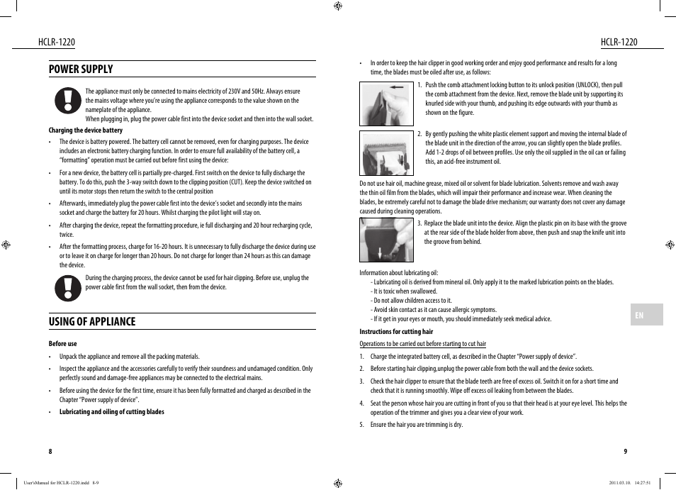 Power supply, Using of appliance, Hclr-1220 | Dyras HCLR-1220 User Manual | Page 5 / 31