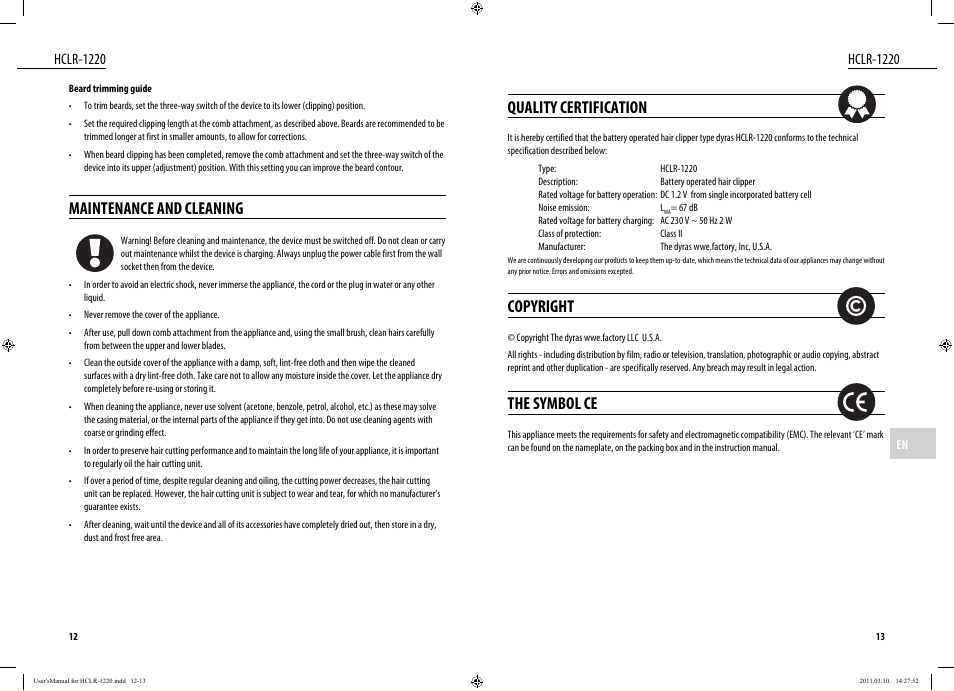 Quality certification, Copyright, The symbol ce | Maintenance and cleaning, Hclr-1220 | Dyras HCLR-1220 User Manual | Page 7 / 31