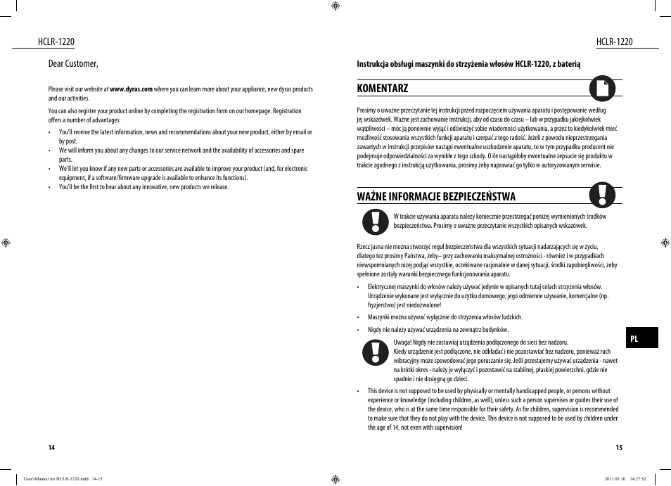 Komentarz, Ważne informacje bezpieczeństwa, Hclr-1220 | Hclr-1220 dear customer | Dyras HCLR-1220 User Manual | Page 8 / 31