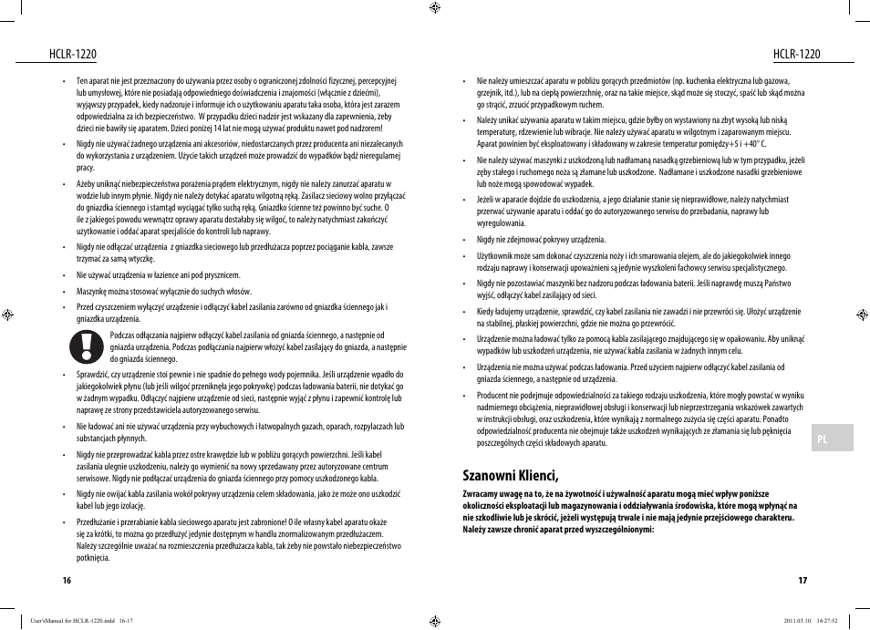 Szanowni klienci, Hclr-1220 | Dyras HCLR-1220 User Manual | Page 9 / 31