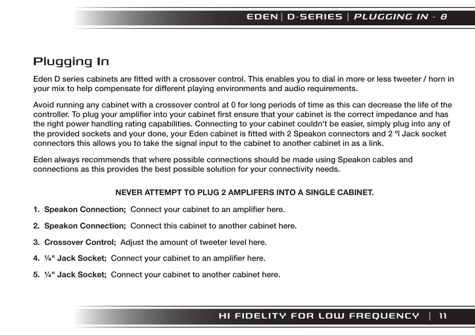 Plugging in | Eden XT User Manual | Page 11 / 24