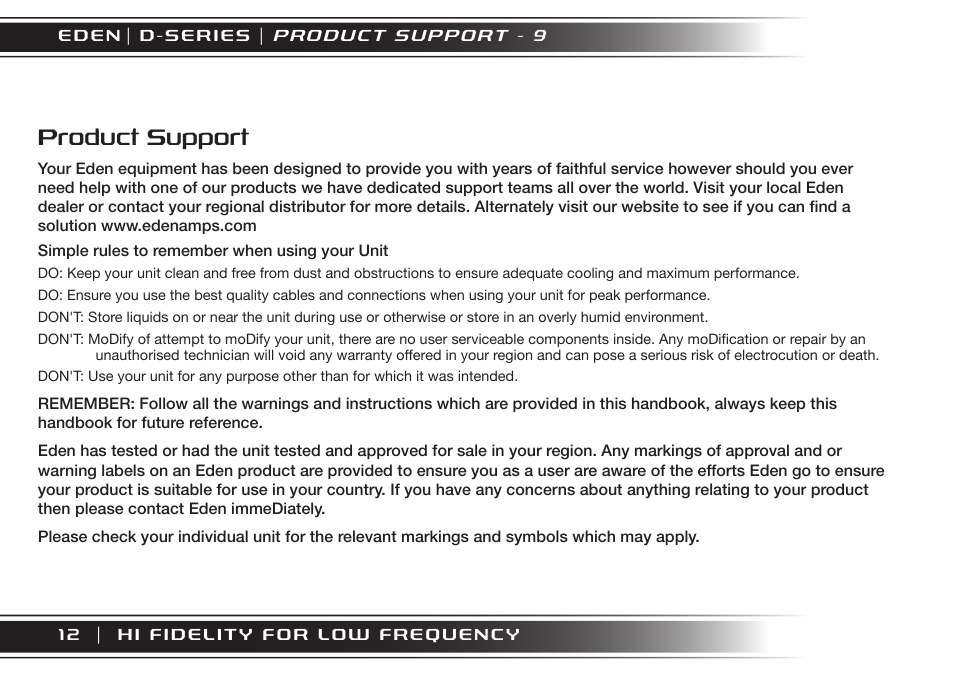 Product support | Eden XT User Manual | Page 12 / 24