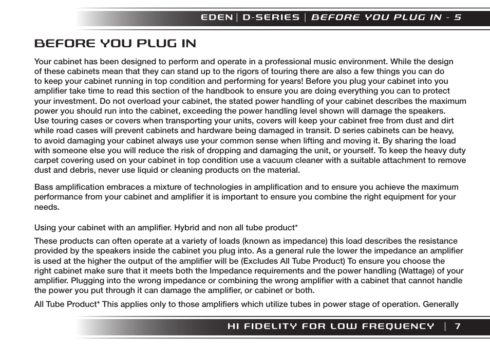 Before you plug in | Eden XT User Manual | Page 7 / 24