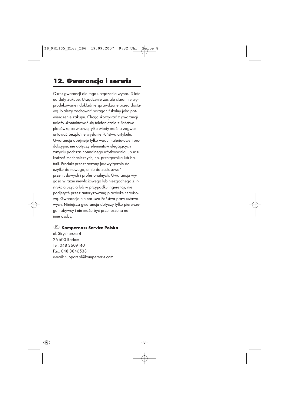 Gwarancja i serwis | Bifinett KH 1105 User Manual | Page 10 / 35