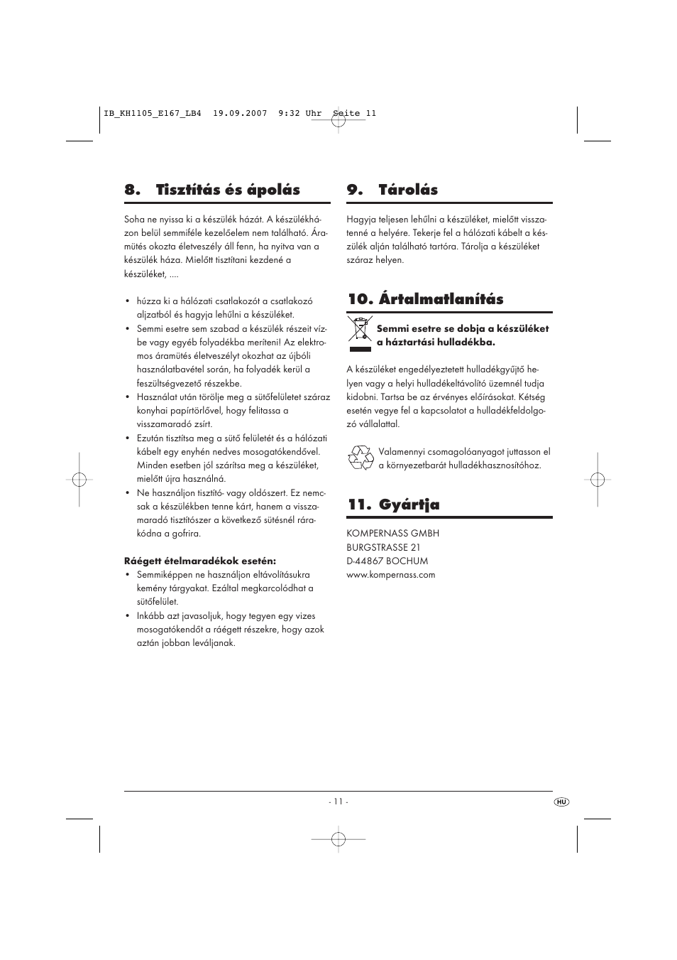 Tisztítás és ápolás, Tárolás, Ártalmatlanítás | Gyártja | Bifinett KH 1105 User Manual | Page 13 / 35