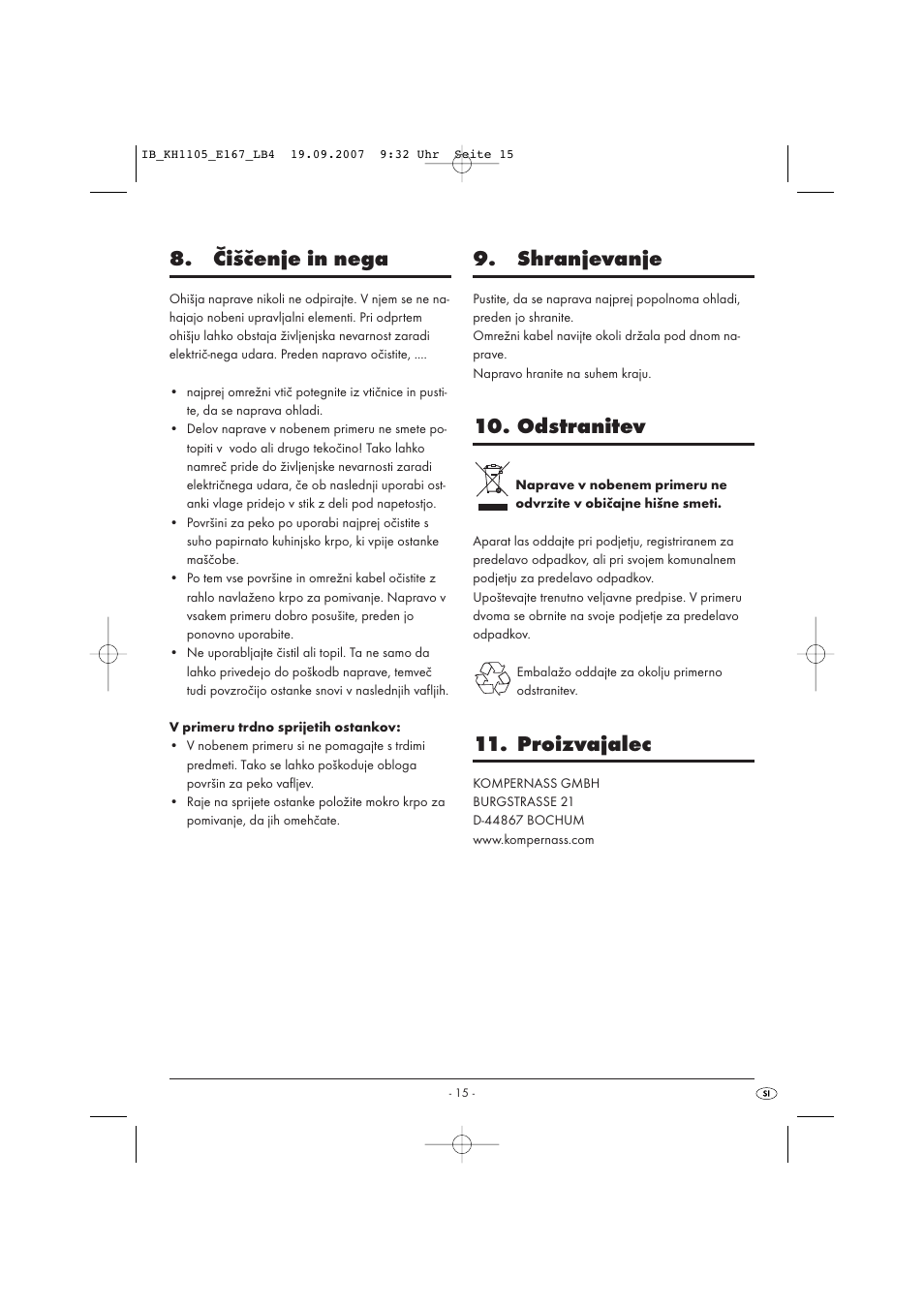 Čiščenje in nega, Shranjevanje, Odstranitev | Proizvajalec | Bifinett KH 1105 User Manual | Page 17 / 35