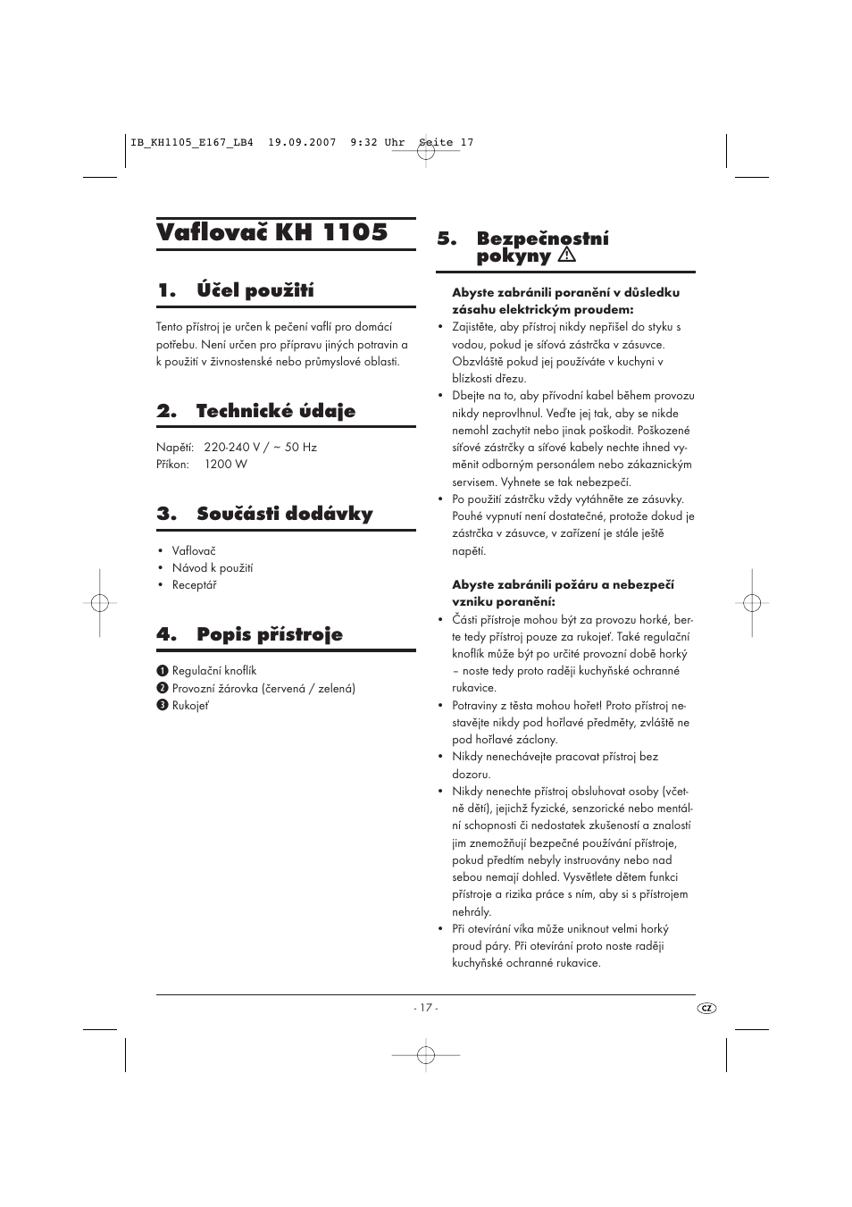 Vaflovač kh 1105, Účel použití, Technické údaje | Součásti dodávky, Popis přístroje, Bezpečnostní pokyny ƽ | Bifinett KH 1105 User Manual | Page 19 / 35