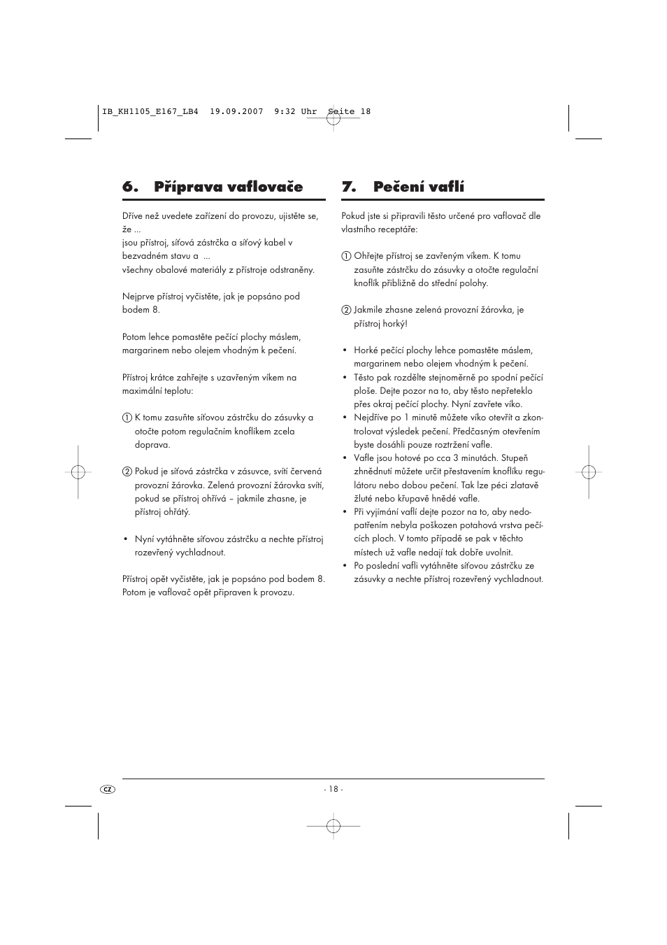 Příprava vaflovače, Pečení vaflí | Bifinett KH 1105 User Manual | Page 20 / 35