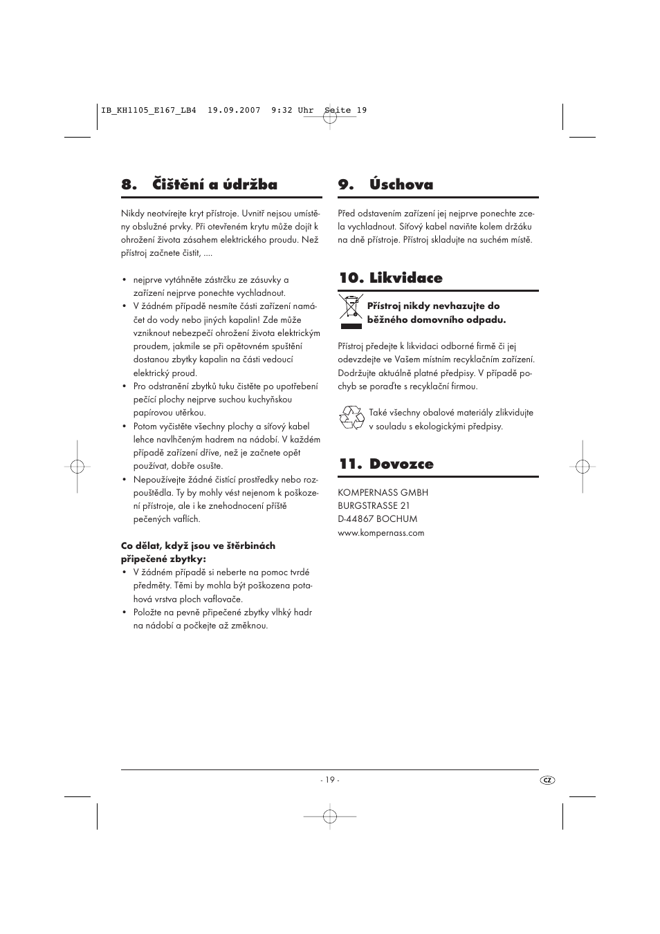 Čištění a údržba, Úschova, Likvidace | Dovozce | Bifinett KH 1105 User Manual | Page 21 / 35