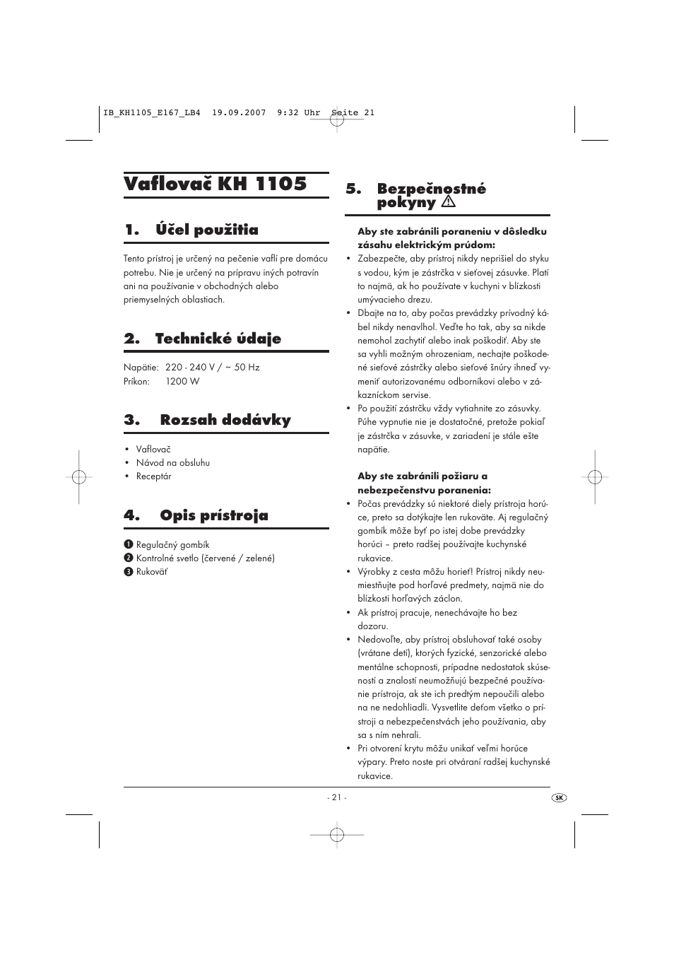 Vaflovač kh 1105, Účel použitia, Technické údaje | Rozsah dodávky, Opis prístroja, Bezpečnostné pokyny ƽ | Bifinett KH 1105 User Manual | Page 23 / 35
