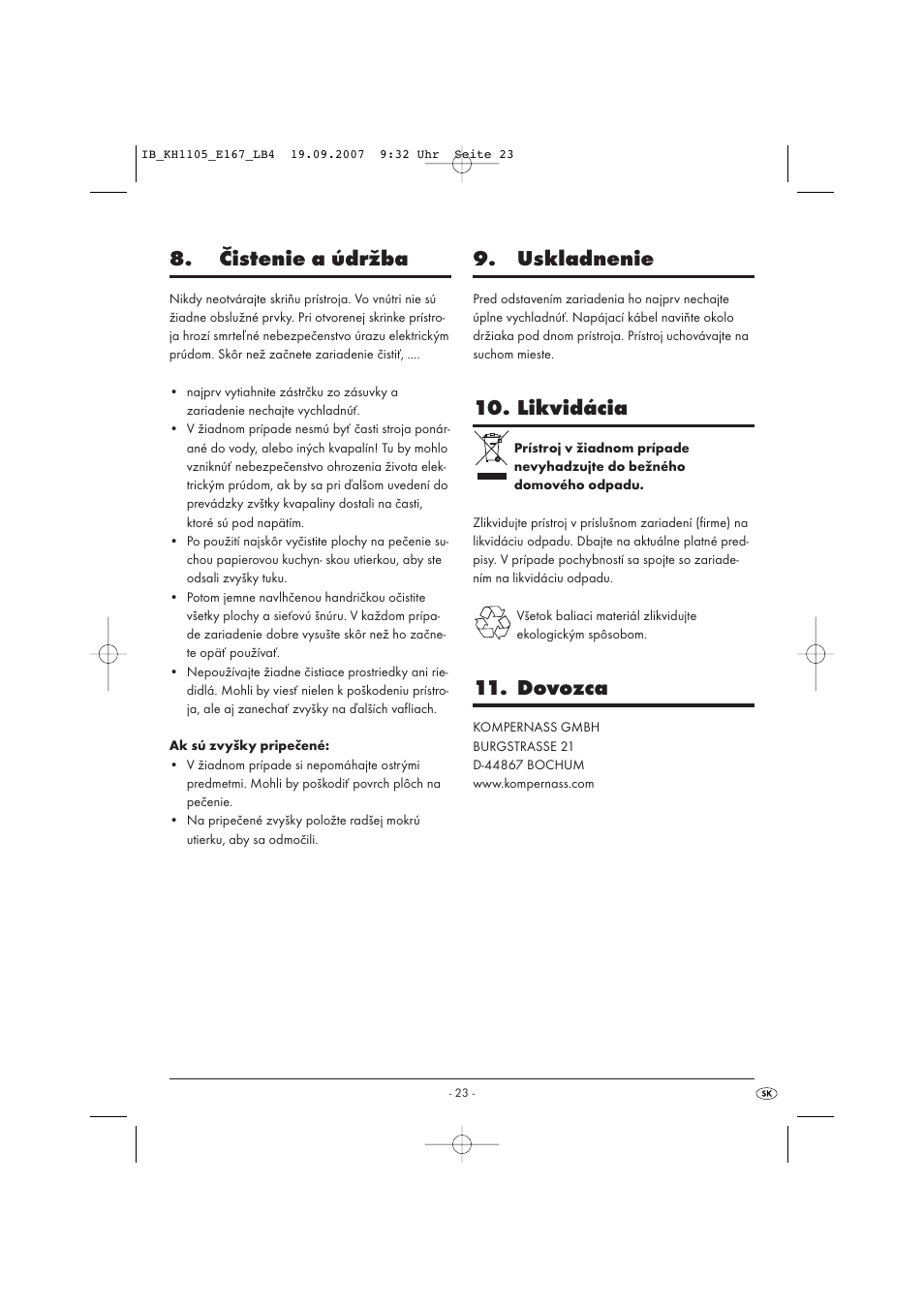 Čistenie a údržba, Uskladnenie, Likvidácia | Dovozca | Bifinett KH 1105 User Manual | Page 25 / 35