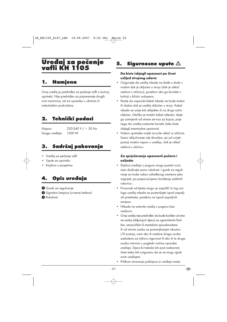 Uređaj za pečenje vafli kh 1105, Namjena, Tehnički podaci | Sadržaj pakovanja, Opis uređaja, Sigurnosne upute ƽ | Bifinett KH 1105 User Manual | Page 27 / 35