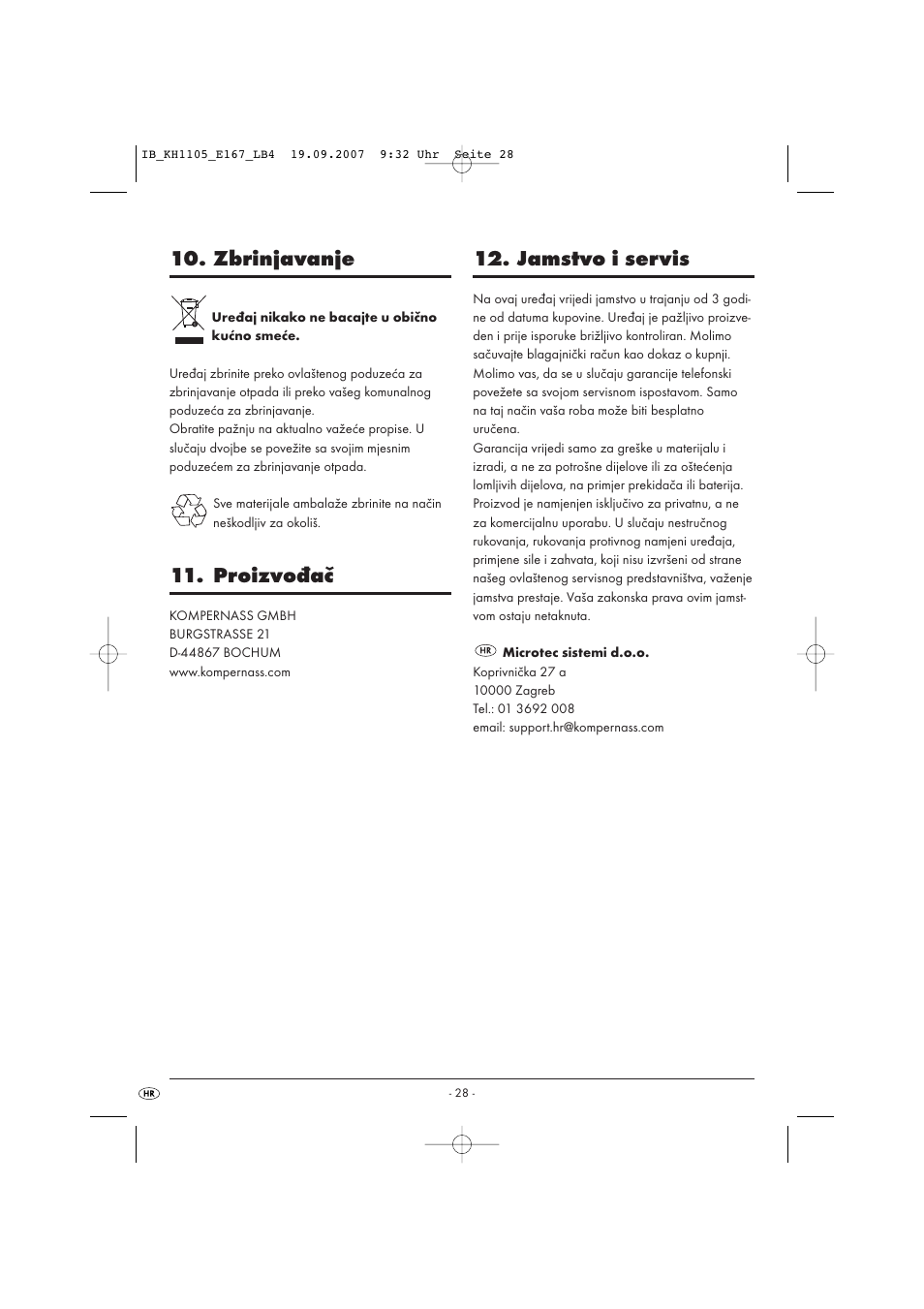 Zbrinjavanje, Proizvođač, Jamstvo i servis | Bifinett KH 1105 User Manual | Page 30 / 35