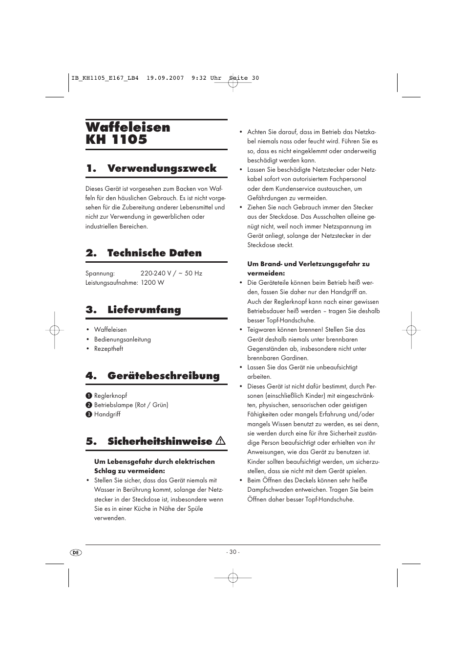 Waffeleisen kh 1105, Verwendungszweck, Technische daten | Lieferumfang, Gerätebeschreibung, Sicherheitshinweise ƽ | Bifinett KH 1105 User Manual | Page 32 / 35
