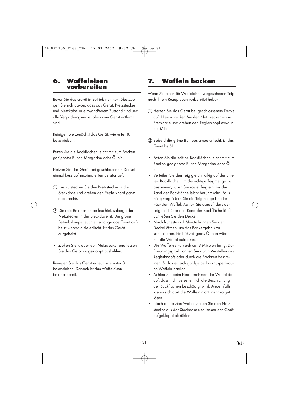 Waffeleisen vorbereiten, Waffeln backen | Bifinett KH 1105 User Manual | Page 33 / 35
