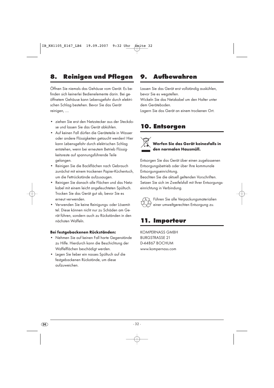 Reinigen und pflegen, Aufbewahren, Entsorgen | Importeur | Bifinett KH 1105 User Manual | Page 34 / 35