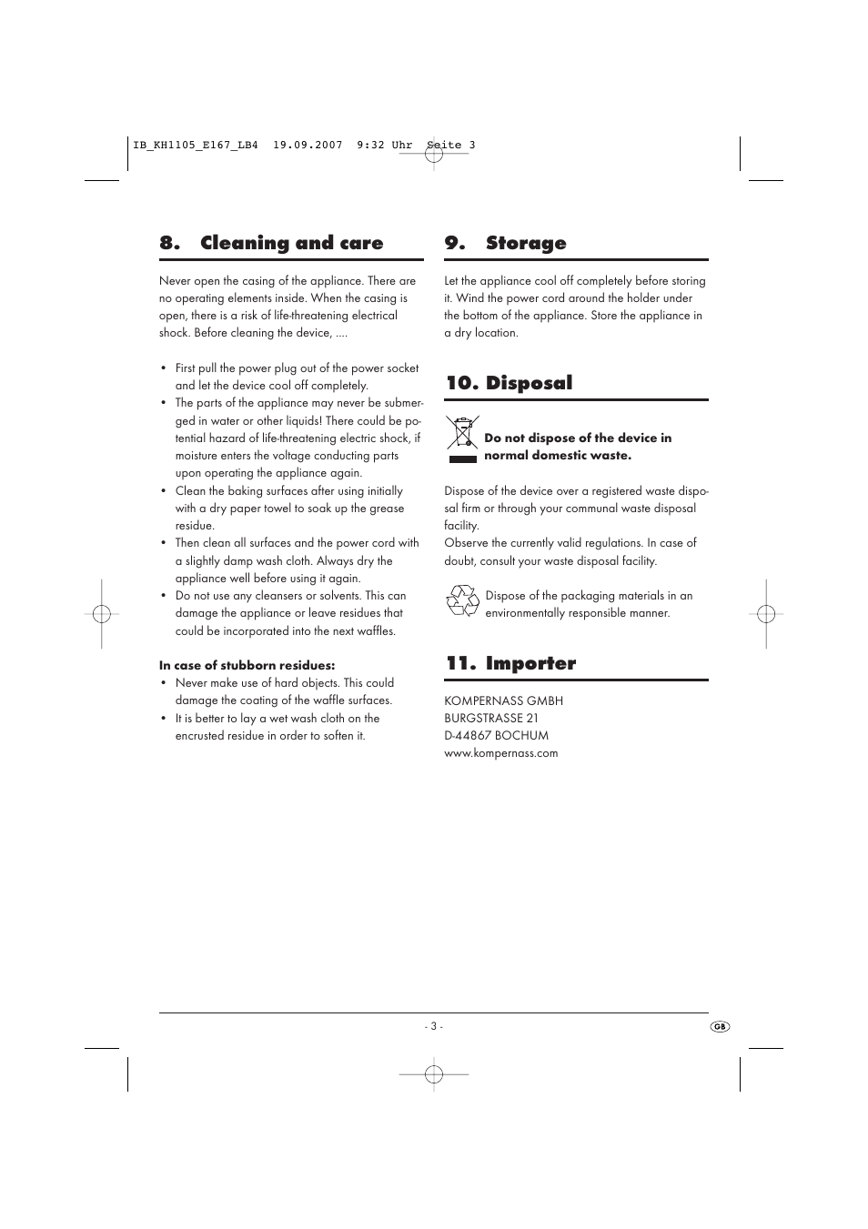 Cleaning and care, Storage, Disposal | Importer | Bifinett KH 1105 User Manual | Page 5 / 35