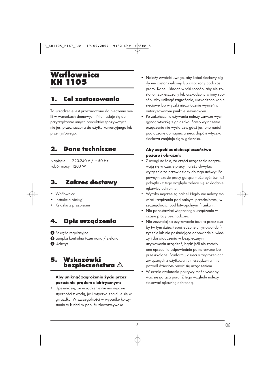 Waflownica kh 1105, Cel zastosowania, Dane techniczne | Zakres dostawy, Opis urządzenia, Wskazówki bezpieczeństwa ƽ | Bifinett KH 1105 User Manual | Page 7 / 35