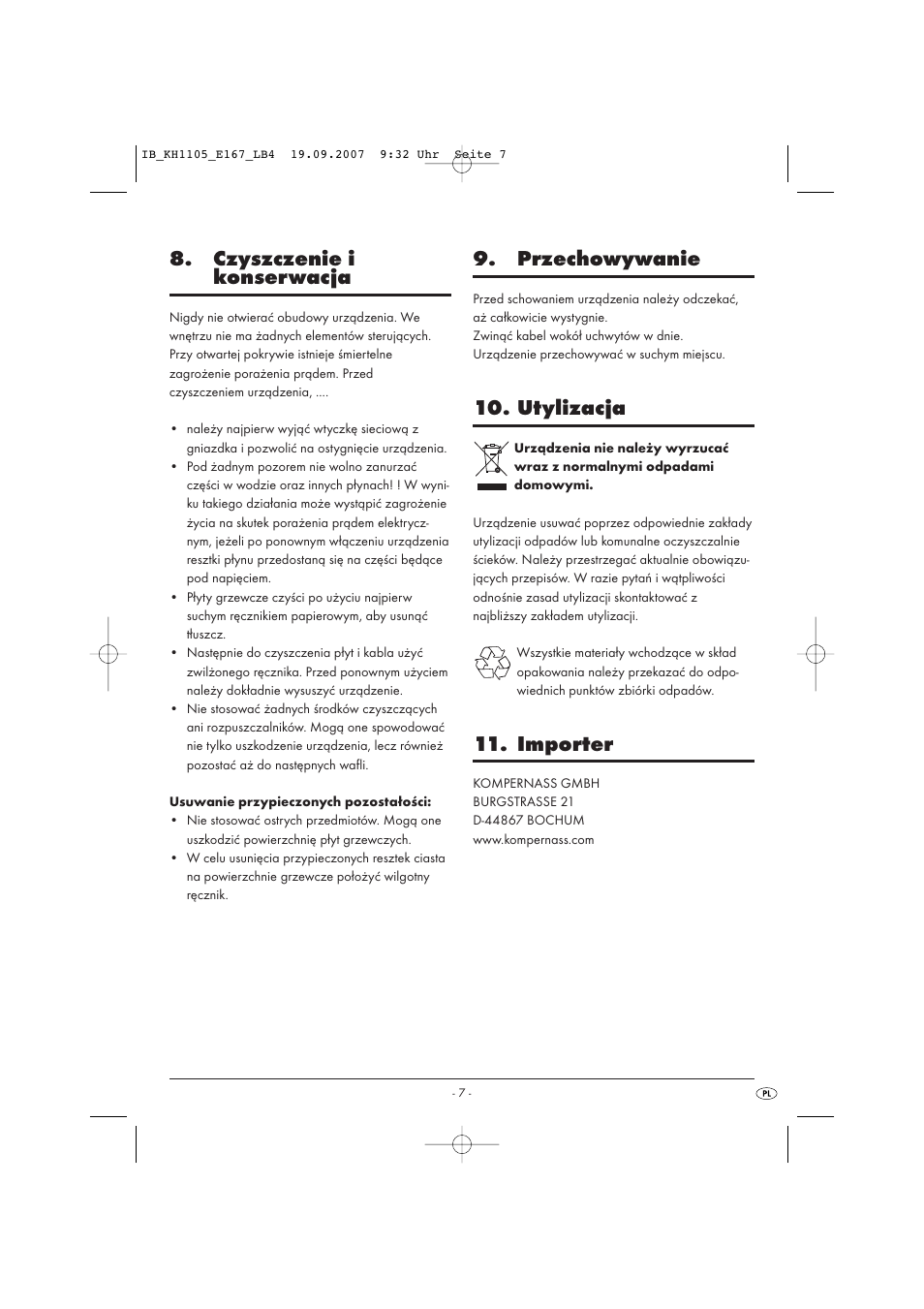 Czyszczenie i konserwacja, Przechowywanie, Utylizacja | Importer | Bifinett KH 1105 User Manual | Page 9 / 35