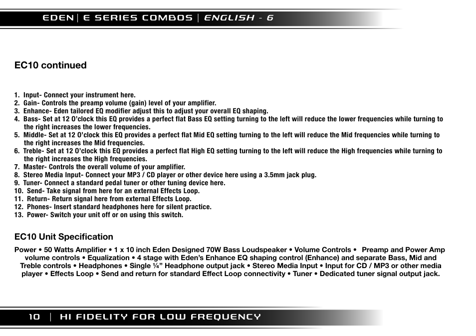 Ec10 continued | Eden EC210 User Manual | Page 10 / 72
