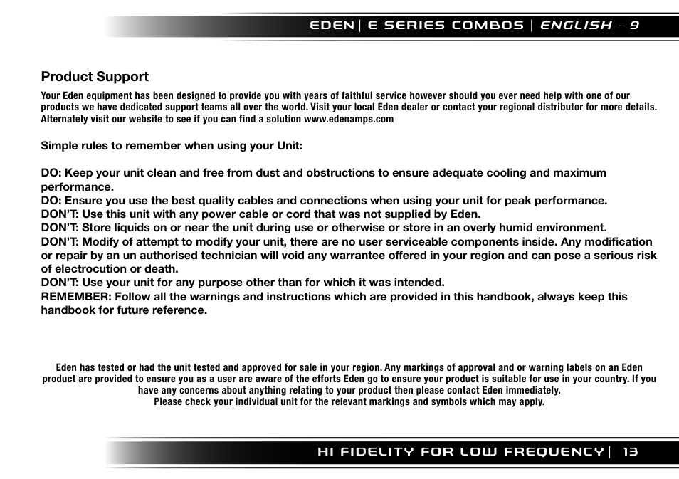 Product support | Eden EC210 User Manual | Page 13 / 72