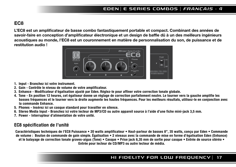 Ec8 spécification de l’unité | Eden EC210 User Manual | Page 17 / 72