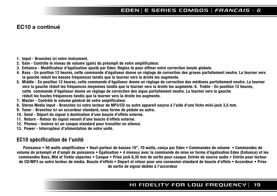 Ec10 a continué, Ec10 spécification de l’unité | Eden EC210 User Manual | Page 19 / 72