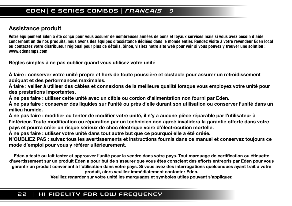 Assistance produit | Eden EC210 User Manual | Page 22 / 72