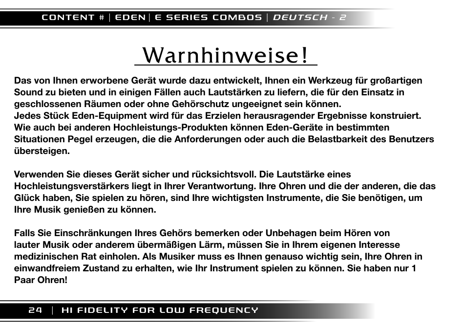 Warnhinweise | Eden EC210 User Manual | Page 24 / 72